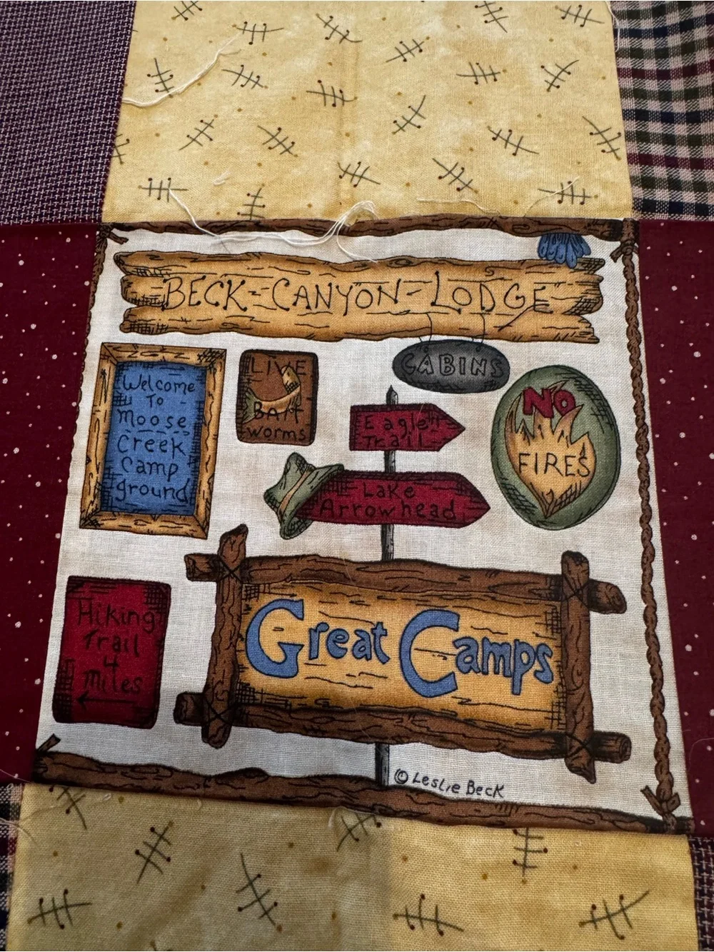 VTG 1999 Leslie Beck Cranston Print Works Queen Quilt Top Patchwork Cabin lodge
